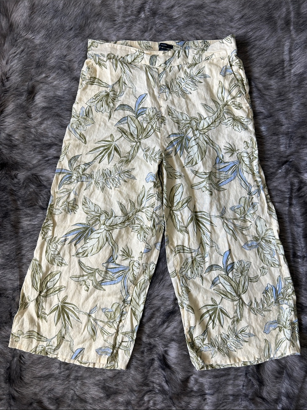 Tahari Linen Wide Leg Pull On Pants Crop Yellow Green Tropical Floral Large